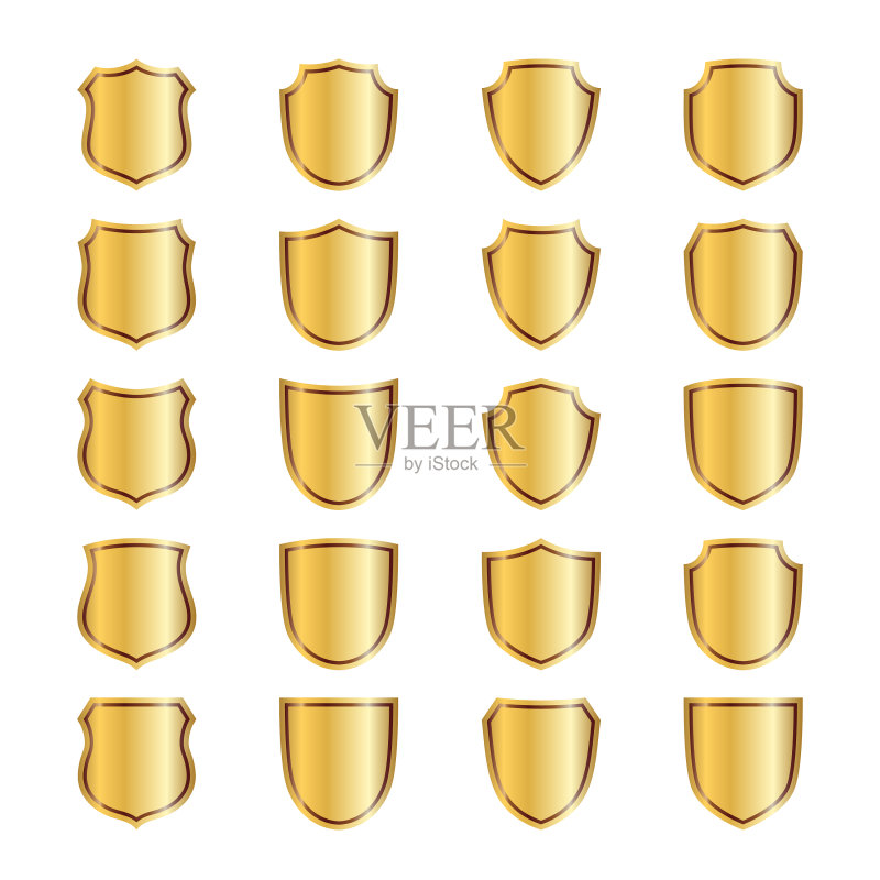 金色盾牌形状图标集,3D金色标志图标素材