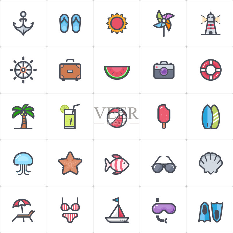 海滩彩色轮廓描边图标合集图标素材