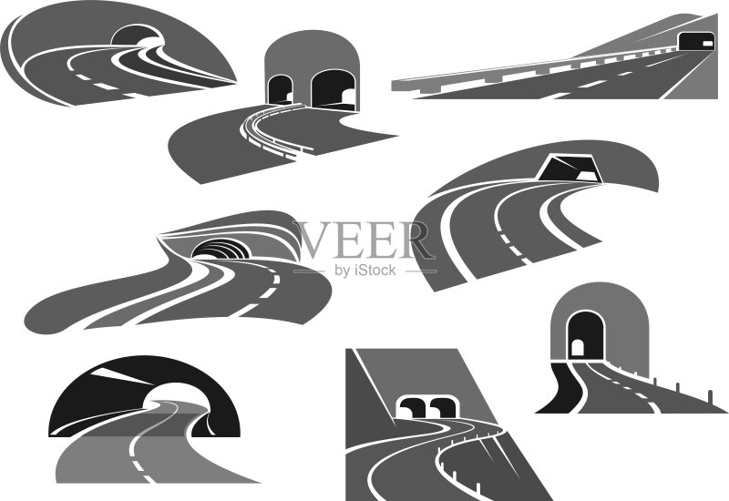包含高速公路和快速路的公路隧道图标集图标素材