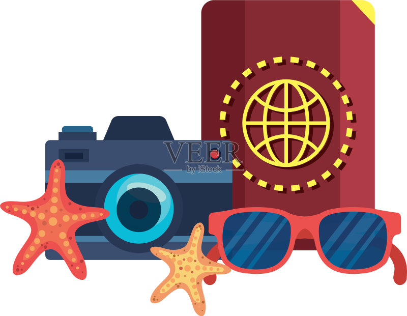 夏季太阳镜、护照与相机图标素材
