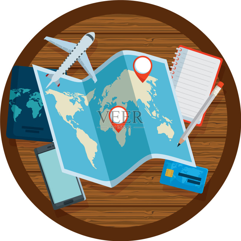 木桌上的旅游图标图标素材