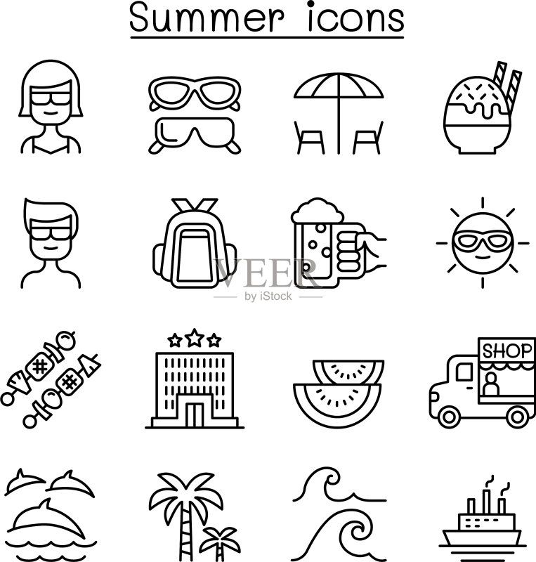 细线条风格的夏季图标集图标素材