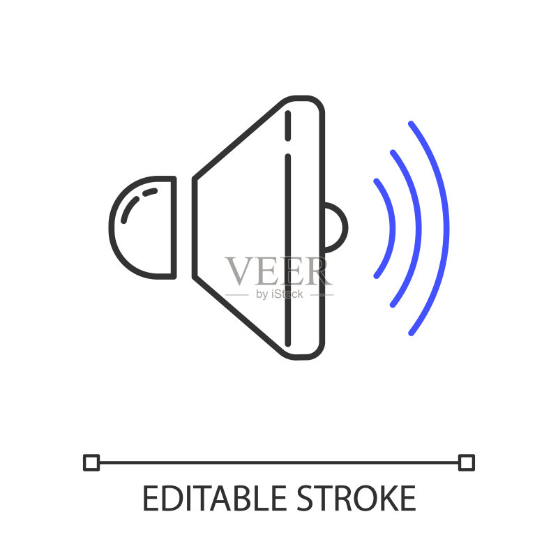线性扬声器图标:音量控制、扩音器、现代立体声设备、声音信号细线图,轮廓符号矢量隔离图,可编辑描边图标素材