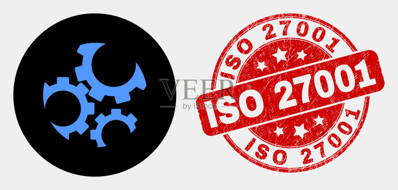 齿轮图标和ISO 27001 grunge印章图标素材