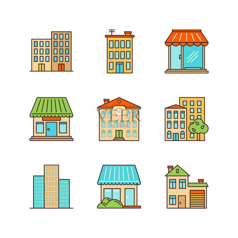 极简线条建筑图标集:摩天大楼商店图标素材
