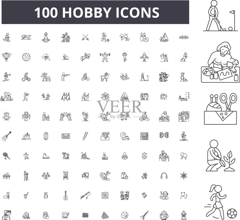 100个爱好可编辑线条图标集图标素材