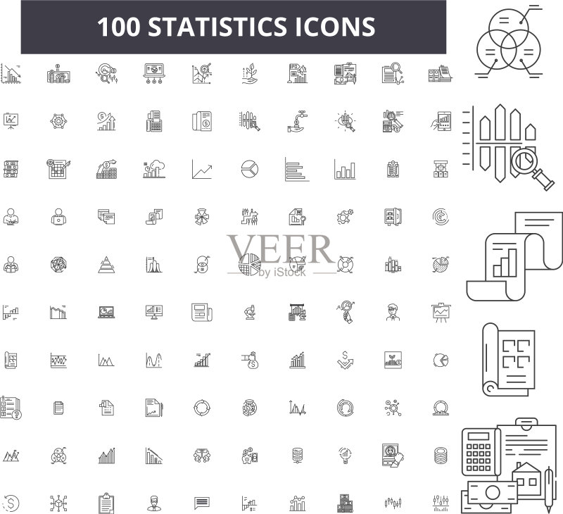 100个可编辑的统计线条图标图标素材