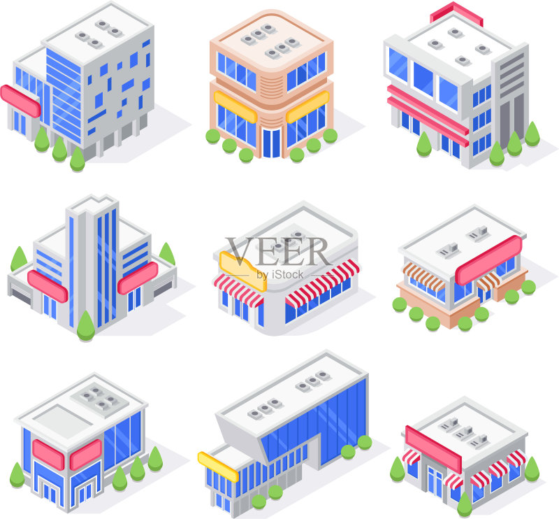 购物中心商店等距建筑物商店外观图标素材