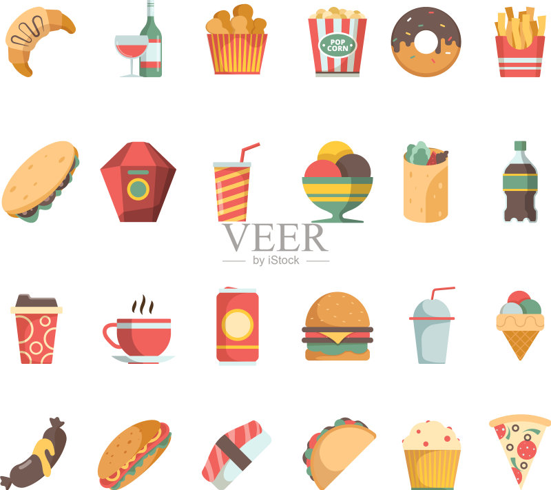 快餐图标:垃圾食品、三明治、汉堡图标素材