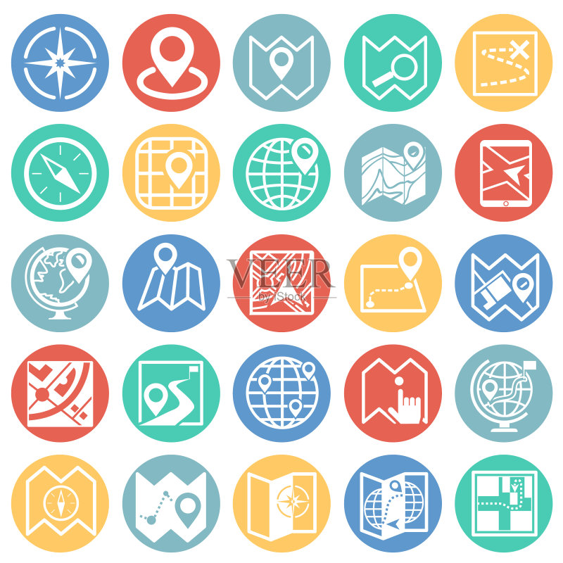 彩色圆圈地图和导航图标集图标素材