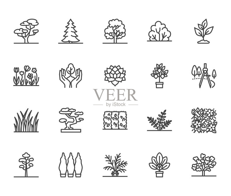 树木植物景观扁平线条图标集图标素材