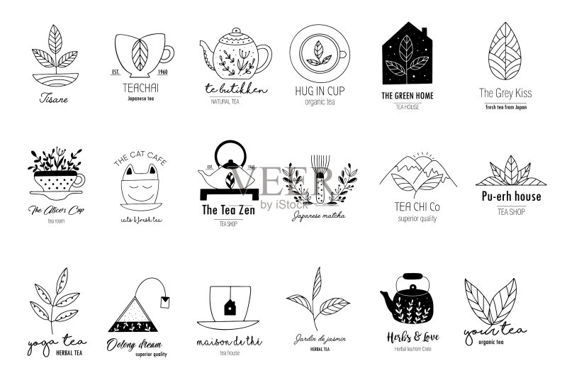 涂鸦风格手绘茶logo套装图标素材