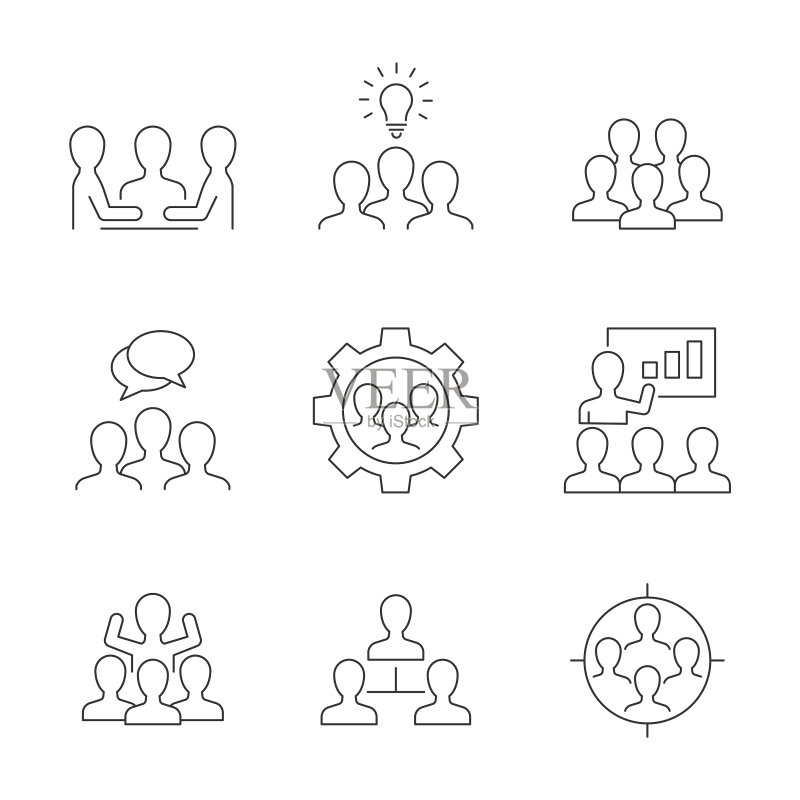 白色背景上的团队合作线性图标图标素材