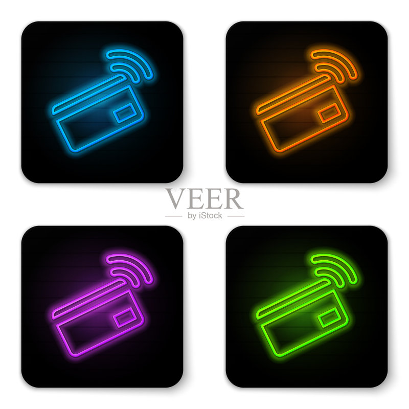 带有NFC卡的 glowing neon 非接触式支付图标素材