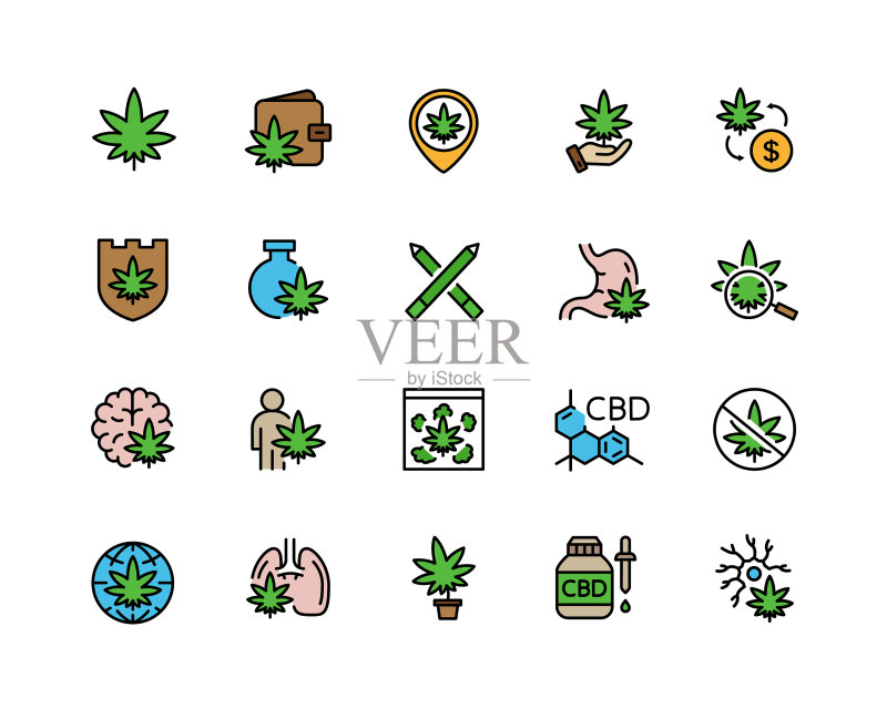 CBD二酚扁平彩色线性图标组合图标素材