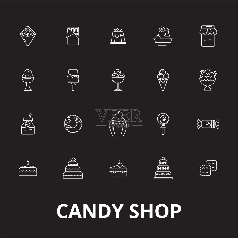 黑色背景上的糖果店可编辑线条图标集图标素材
