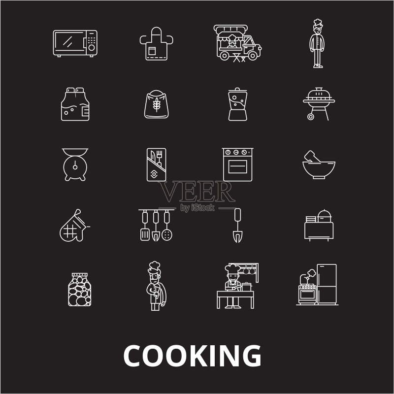 黑色背景上的烹饪可编辑线条图标集图标素材