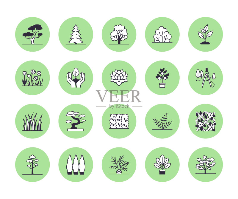 树木植物景观扁平线条图标集图标素材