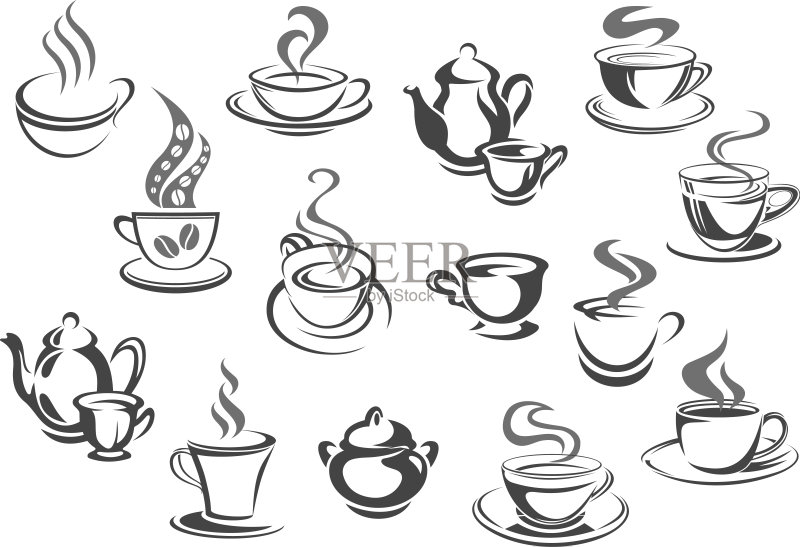 咖啡杯、茶壶和糖罐图标集图标素材