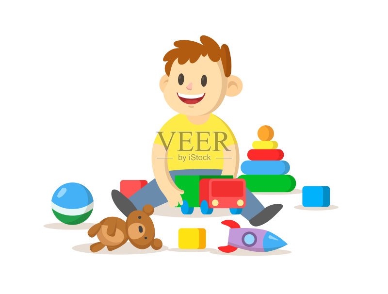 微笑的男孩玩他的玩具坐在地板上。平面矢量插图,孤立在白色背景上。正版插画素材