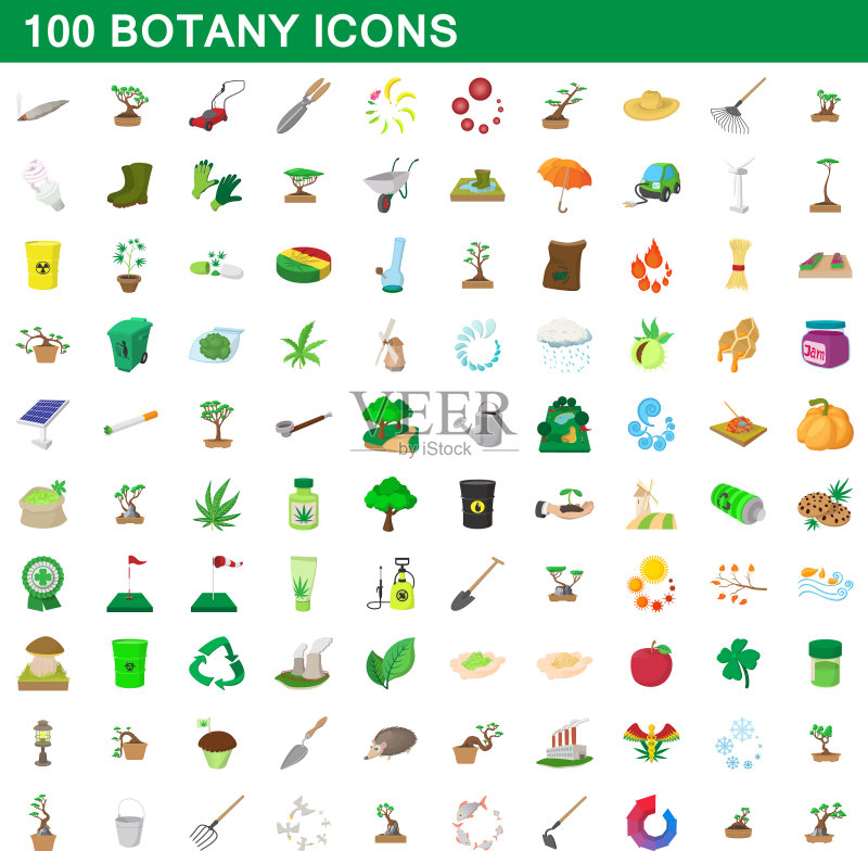100个植物学卡通风格图标合集图标素材