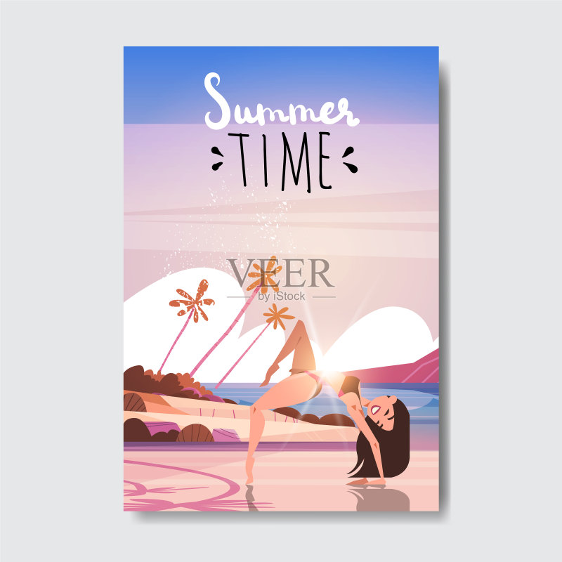夏季瑜伽,女人在日落海滩上做运动图标素材