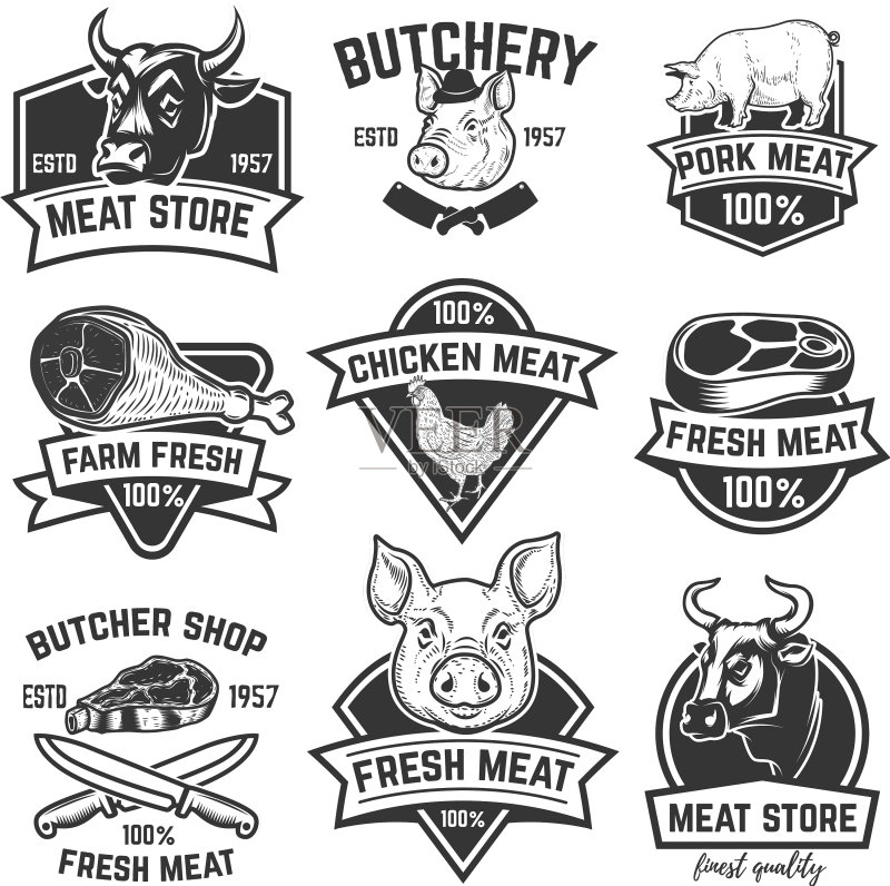 新鲜牛肉标签合集,白色背景图标素材