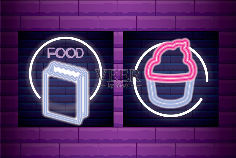 食品纸袋和纸杯蛋糕霓虹灯图标素材