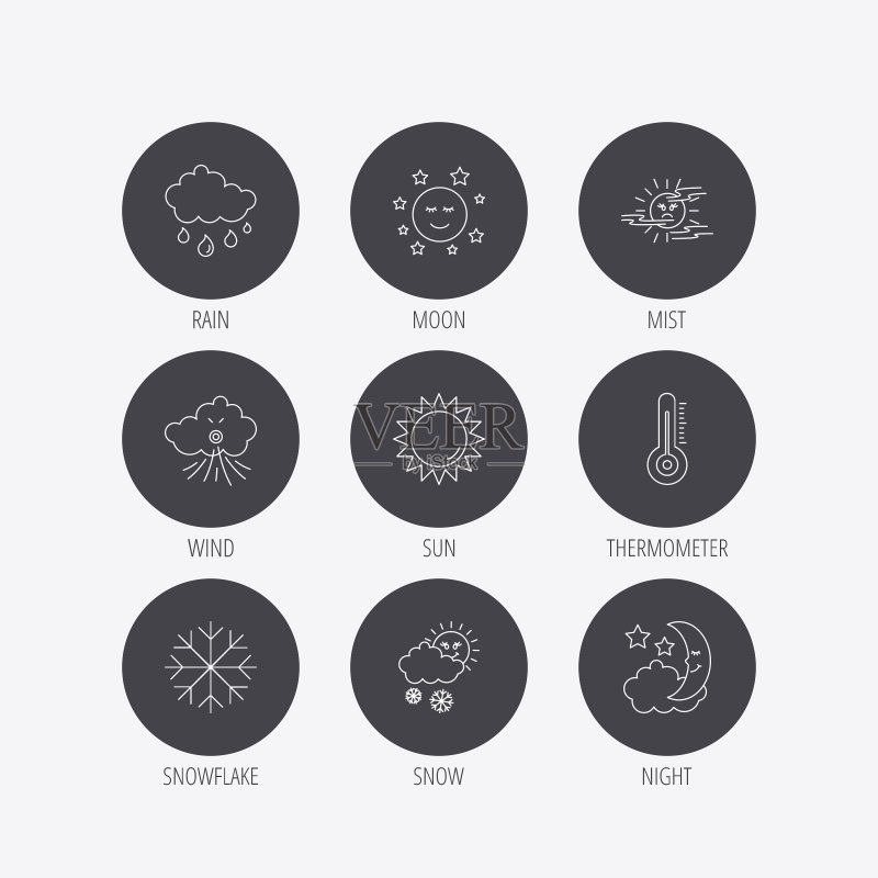 天气:太阳和雨图标,月亮之夜图标素材
