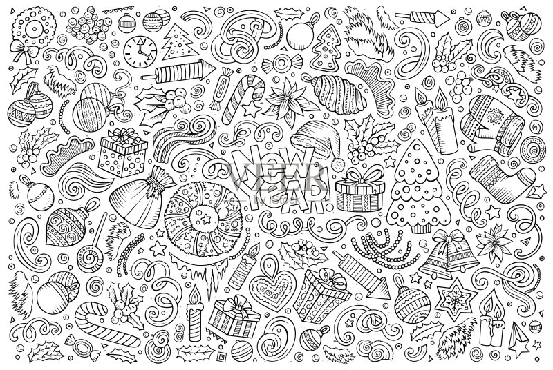 新年和圣诞节涂鸦卡通素材图标素材