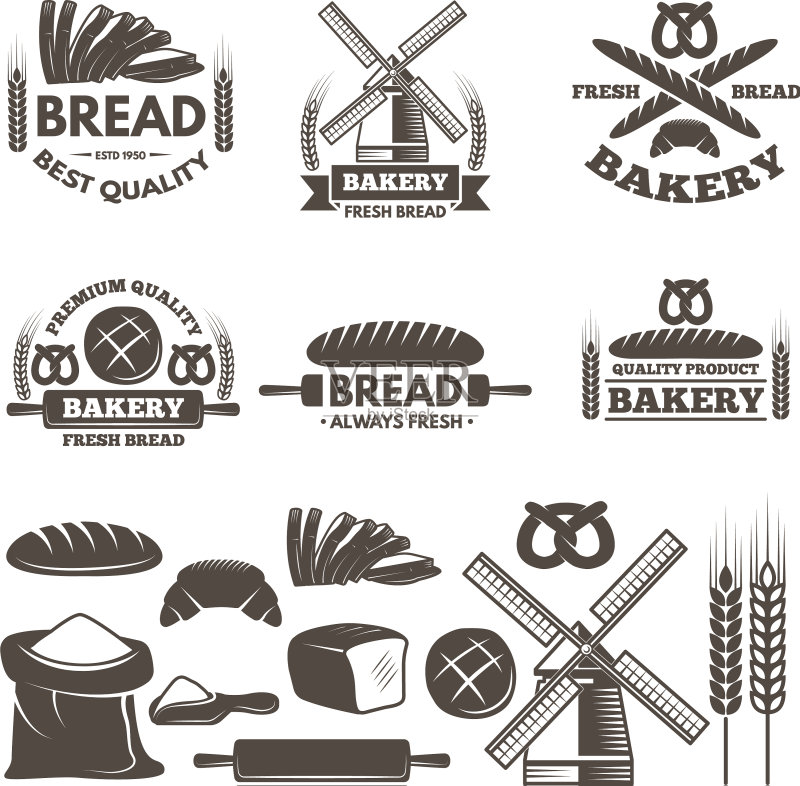 面包店黑白标签套装图标素材