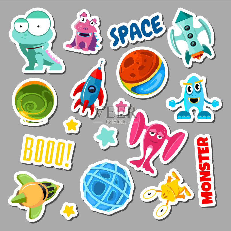 太空物体和怪物贴纸套装图标素材