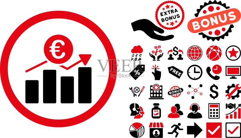欧元商业图表扁平图标与奖金图标素材