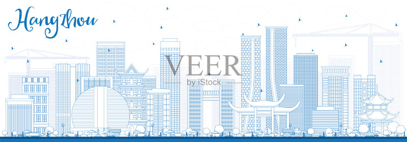 用蓝色的建筑勾勒出杭州的天际线正版插画素材