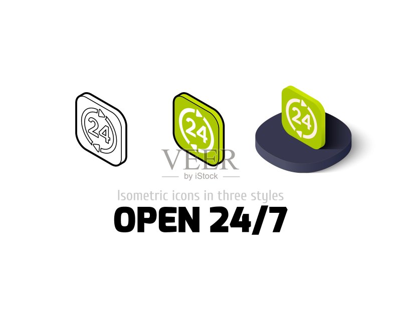 不同风格的24/7全天候营业图标图标素材
