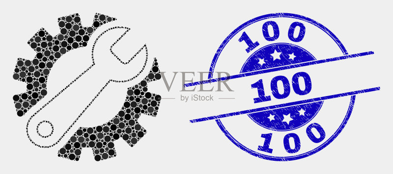 点状齿轮工具图标和Grunge 100图章图标素材