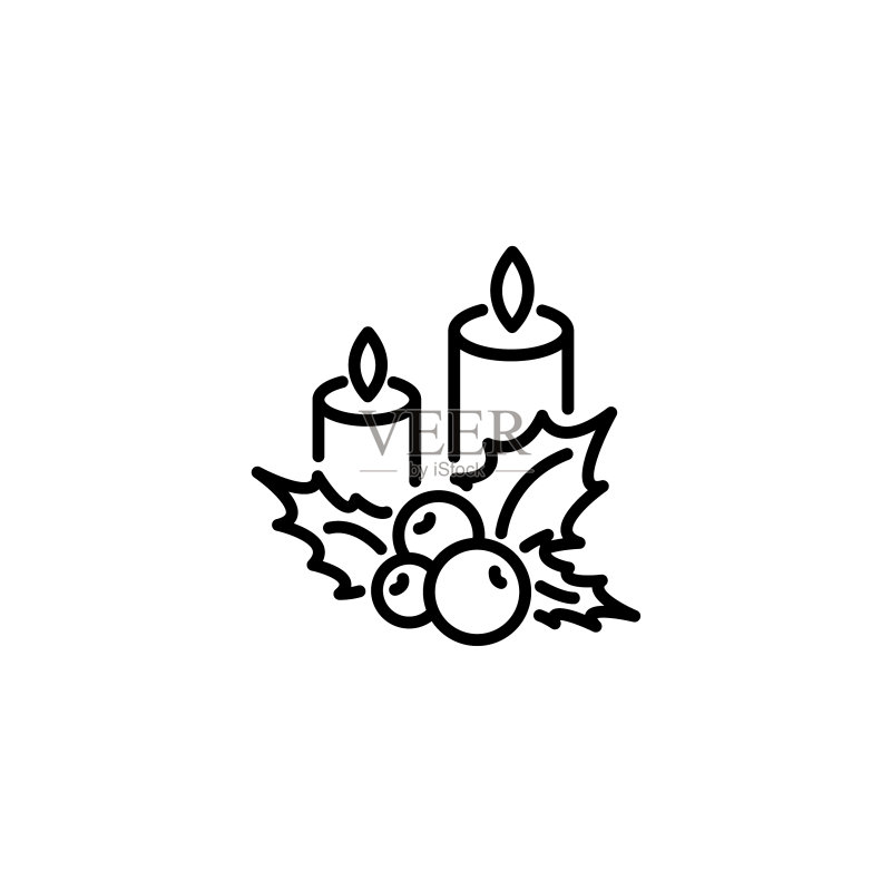 网页线条图标圣诞蜡烛和冬青浆果图标素材