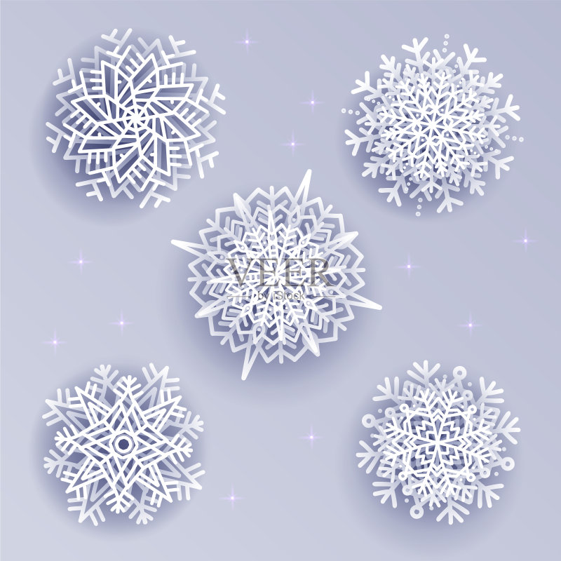 白色银色背景上的3D雪花图标素材