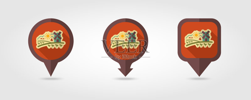 乡村风景与风车扁平地图图钉图标图标素材