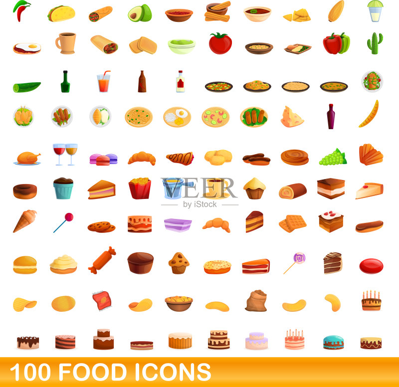 100个食物图标集,卡通风格图标素材