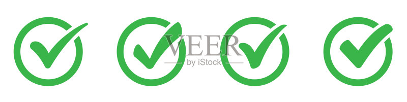 绿色复选标记图标集。复选标记符号集合。质量标记图标。清单符号。扁平风格的批准检查 - 库存矢量图。图标素材