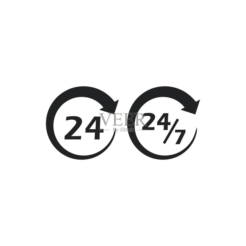 24/7全天候圆形箭头黑色隔离矢量图标图标素材