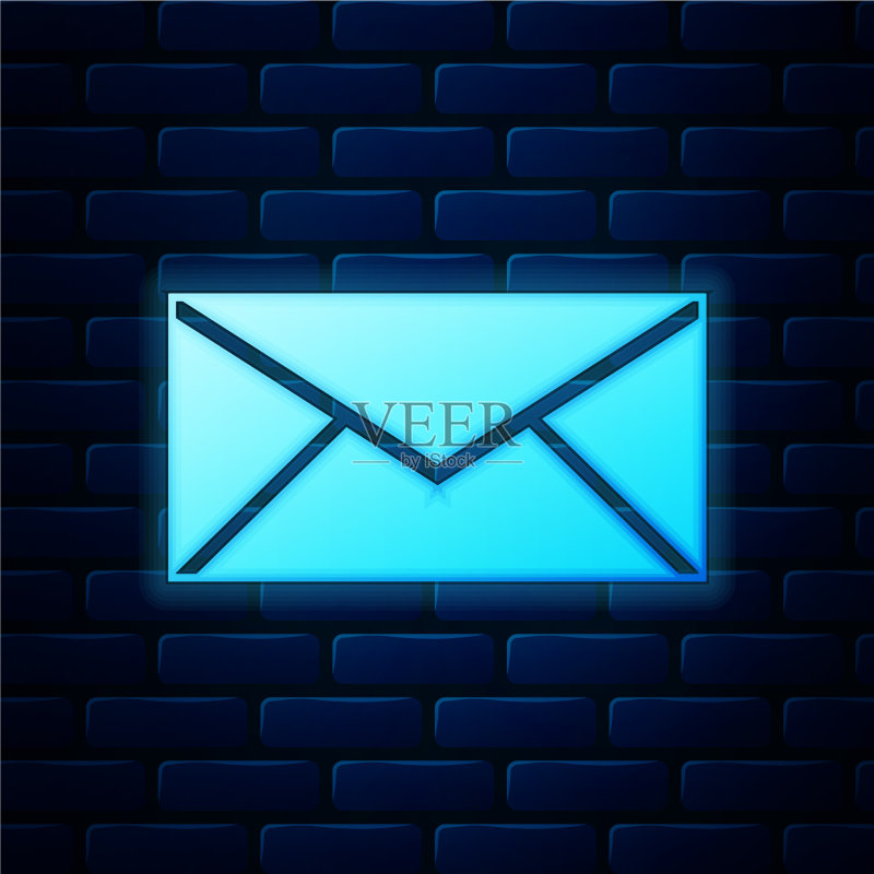 发光霓虹灯信封图标,砖墙背景图标素材