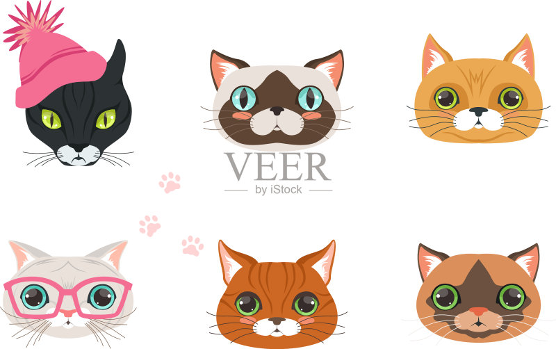 可爱的卡通猫和狗的口套集合图标素材