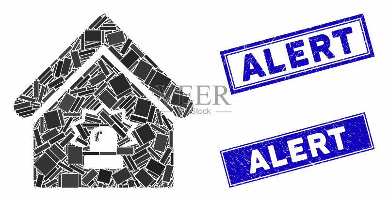 房地产警报马赛克和划痕矩形印章图标素材