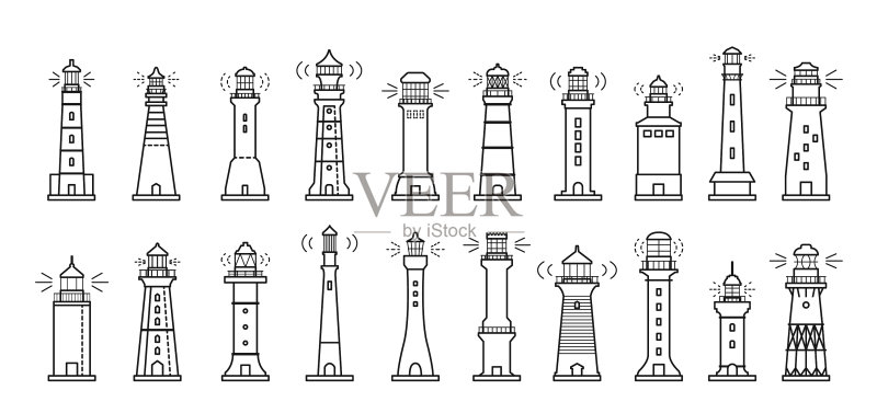 海洋灯塔线条图标集图标素材