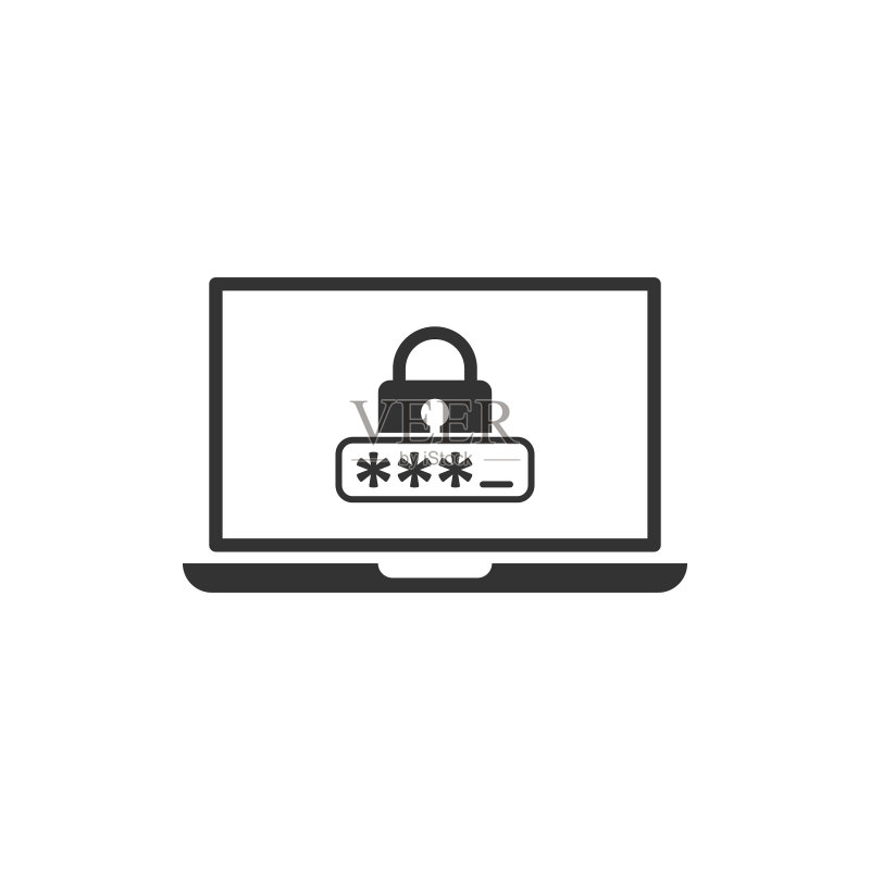 带有扁平风格密码图标的笔记本电脑图标素材
