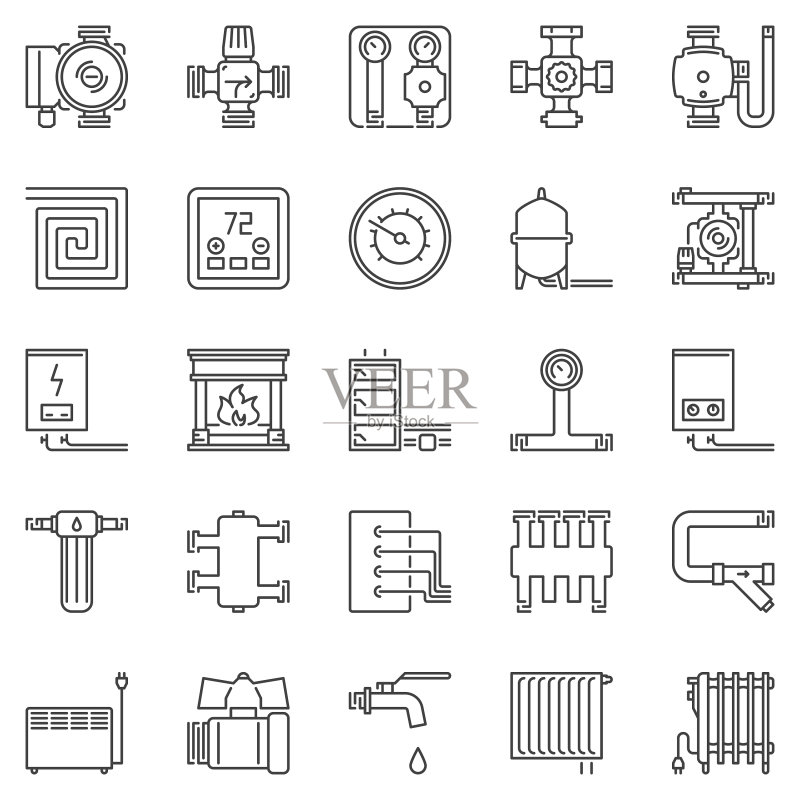 供暖和锅炉房轮廓图标集图标素材