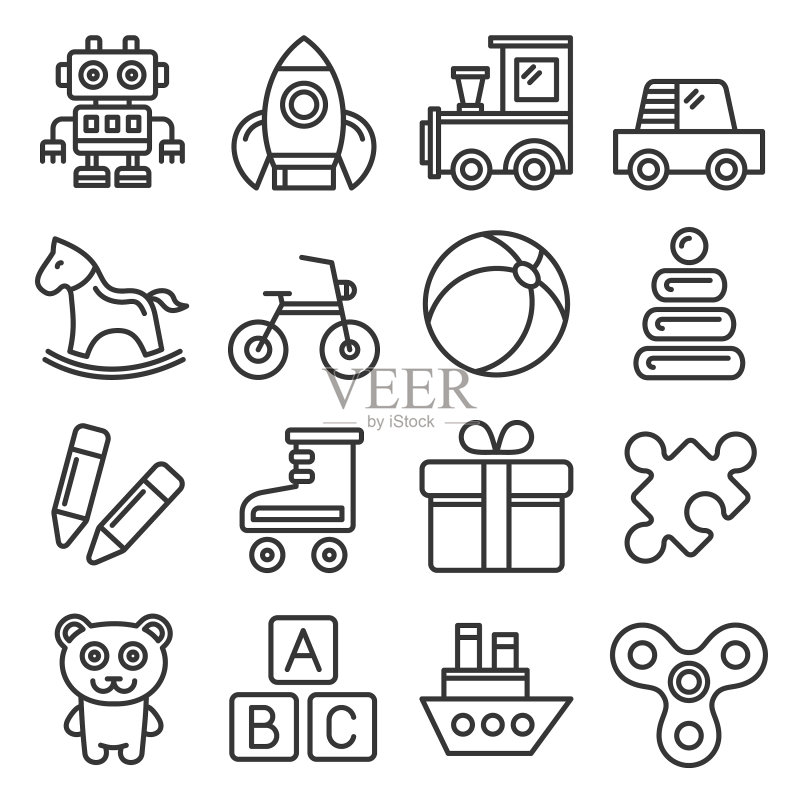 白色背景上的玩具图标集(线条风格)图标素材