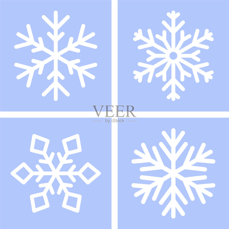 蓝色背景上的白色雪花集合图标素材
